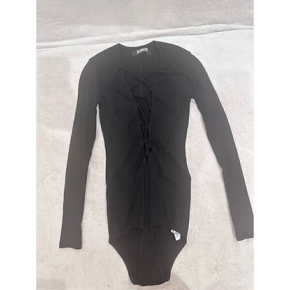 REFORMATION black bodysuit women’s size XS open front crosses with ties